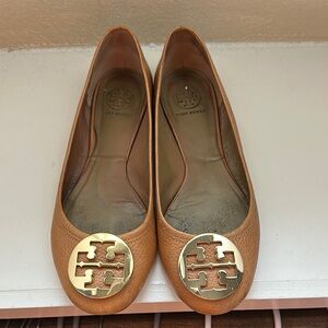 Tory Burch Tan Gold Flats with Iconic Medallion